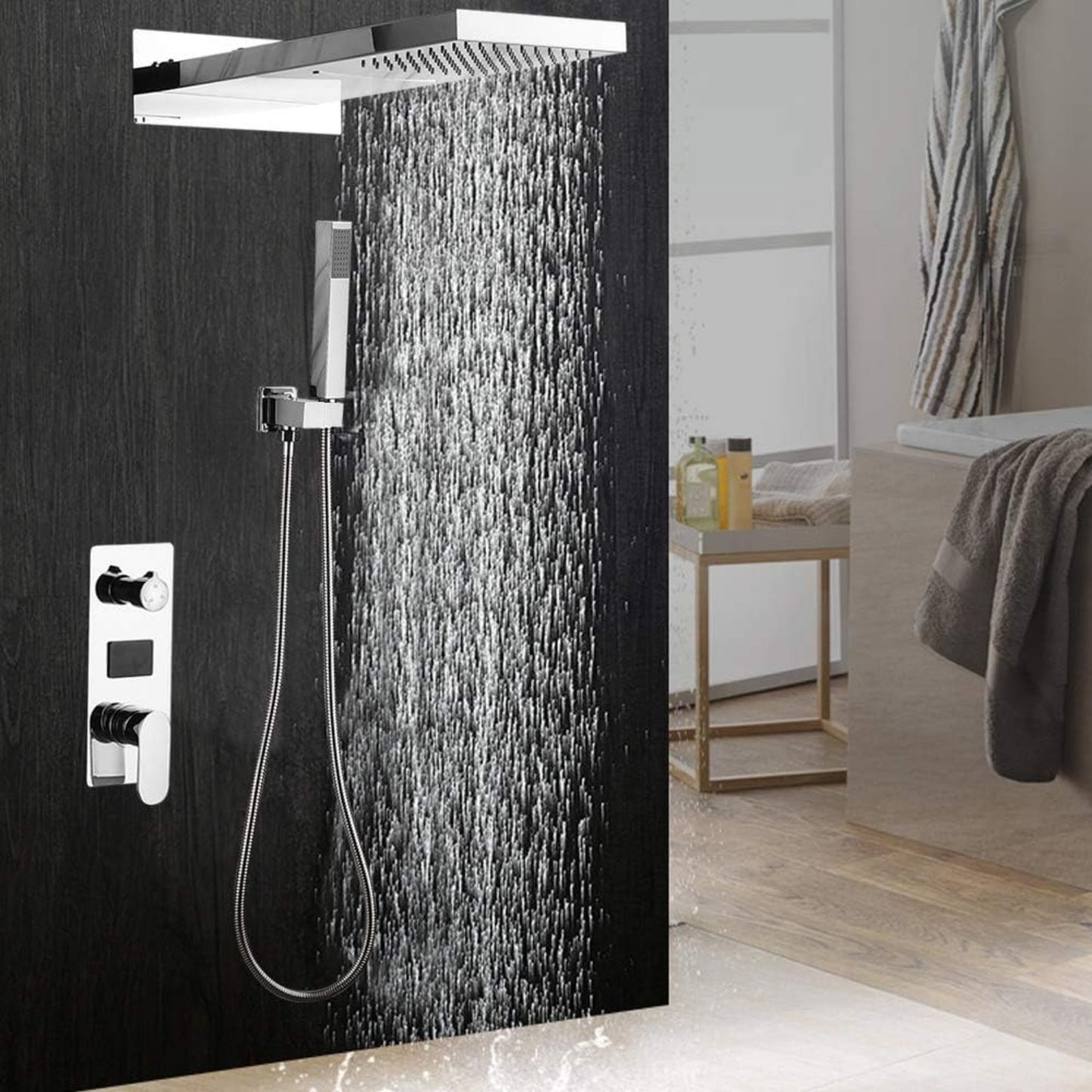 Inbouw Douche Systeem – Douche Set – Regendouche – Handdouche – Muurmontage – Zilverkleurig – Keramische Mengkraan – Roestvrijstalen Handdoucheslang 150 cm