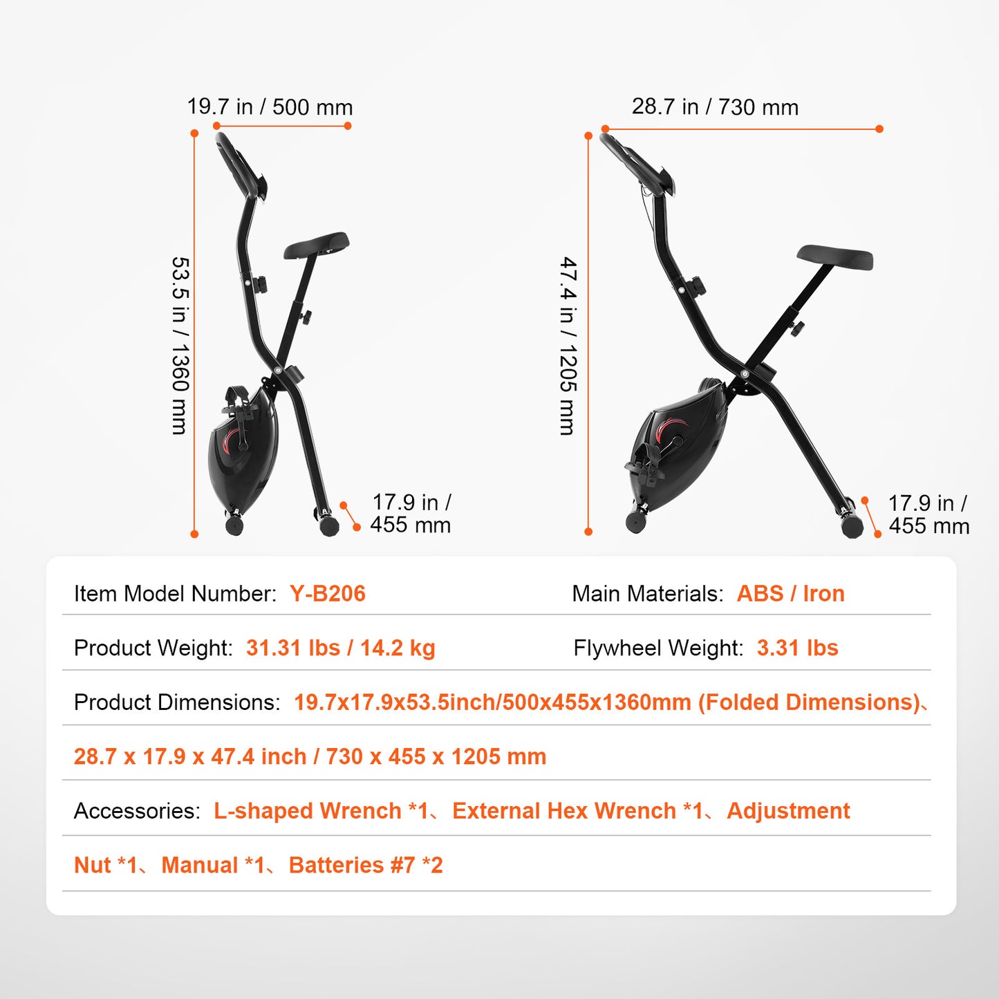 3-in-1 Hometrainer – Fitnessfiets – Indoor Bike – Stationaire Fiets – Opvouwbare Fiets – Zwart-Oranje – Verstelbaar Zadel – Magnetische Weerstand