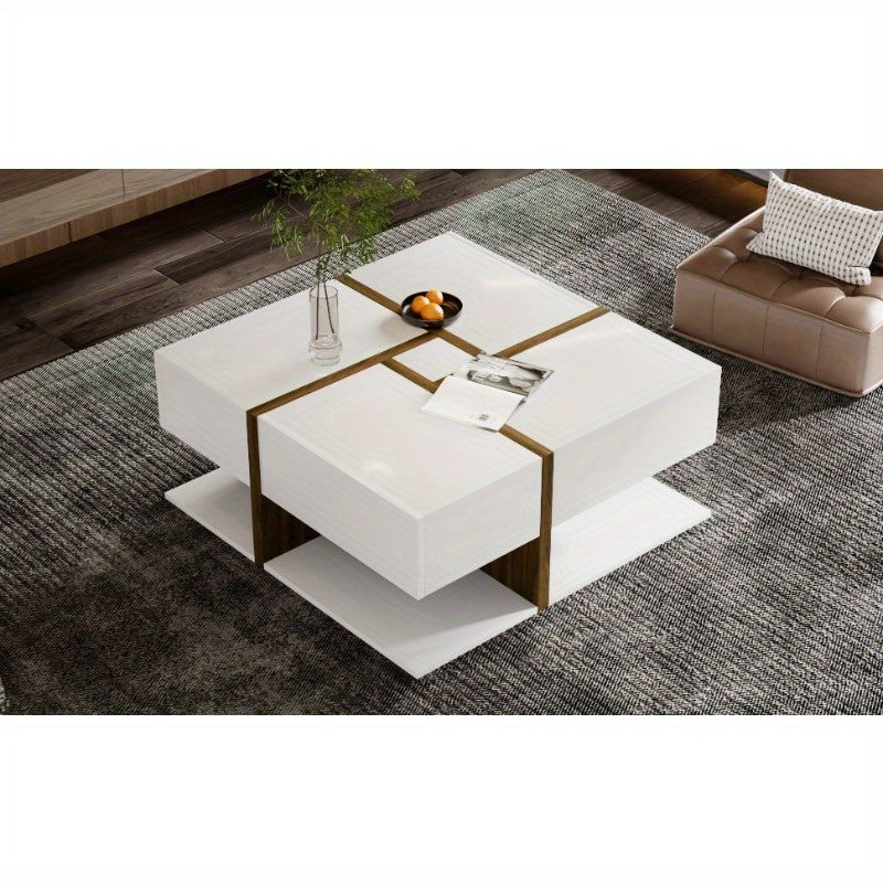 Salontafel – Koffietafel – Woonkamertafel – Bijzettafel – Tafeltje – Modern Hoogglans Wit – 4 Laden Opbergruimte – 78x78x34,8 cm – Duurzaam Stijlvol Design