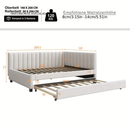 Gestoffeerd Bed 140x200 – Uittrekbaar Bed – Slaapbank – Multifunctioneel Bed – Logeerbed – Beige Fluweel – Lattenbodem – Ruimtebesparend