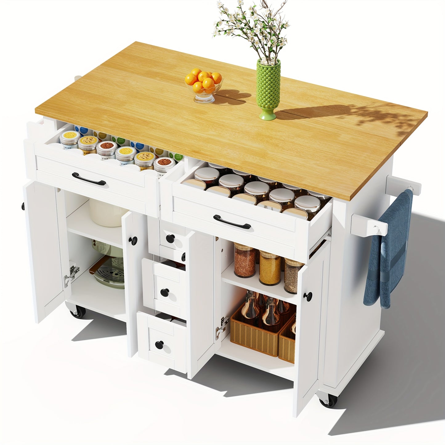 Multifunctional Kitchen Trolley with Folding Worktop, 120 X 65cm, Extendable, with 5 Drawers, Cupboards, Spice And Towel Racks, On Castors - Kitchen Island for Kitchen, Dining Room And Living Room, Storage Drawer Units