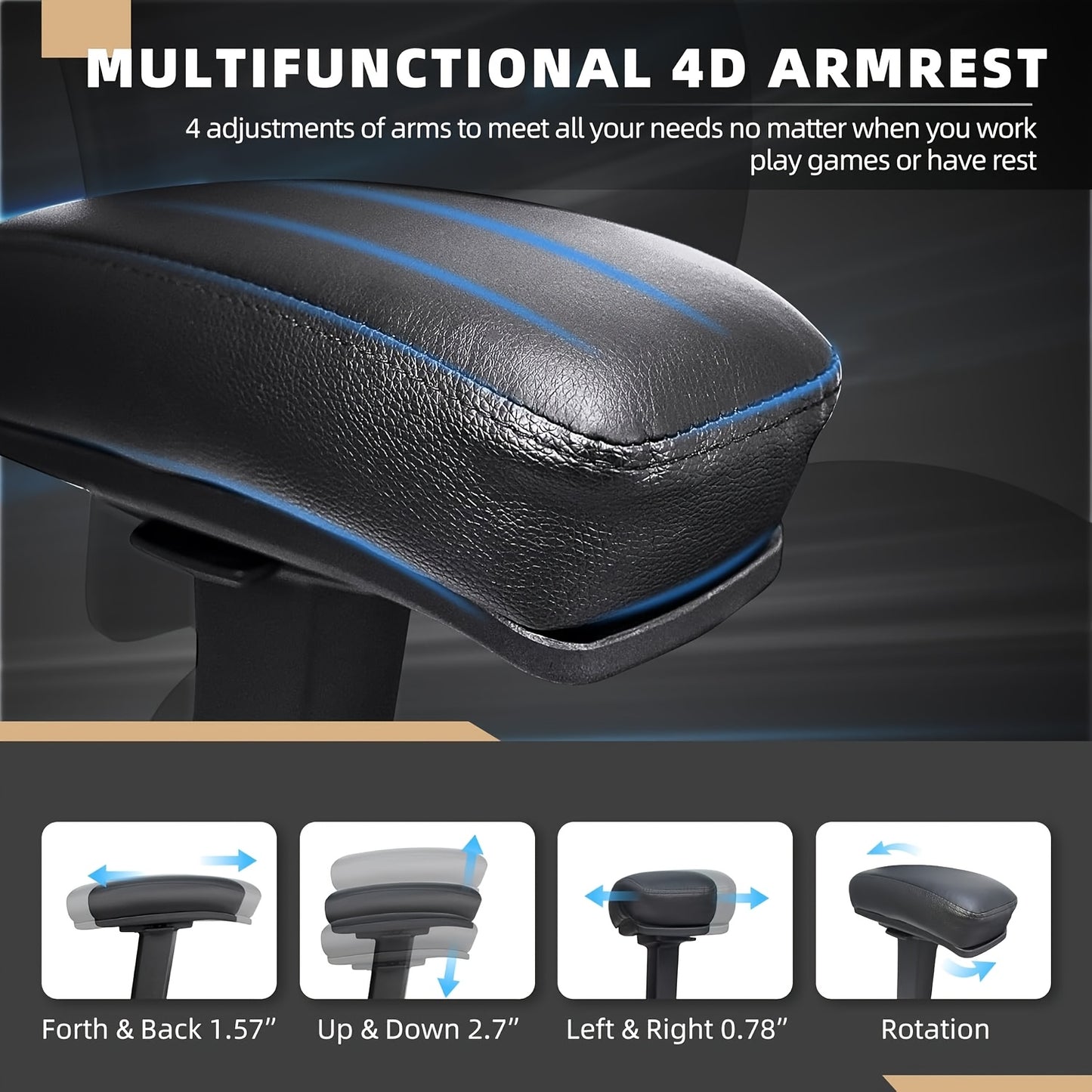 Office Chair, Desk Chair with 5 Rubber Wheels, Gaming Chair with 4D Armrests, for Large And Strong People (up to 227kg), Height-Adjustable, Memory Foam Filling, Ergonomic Office Chair with Rocking Function, Office, Ergonomic
