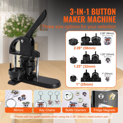 Buttonmaker – Buttonmachine – Badge Maker – Speldmaker – Knopenmachine – 3-in-1 25/32/58 mm – Ergonomische Hendel en Inclusief 300 Buttononderdelen