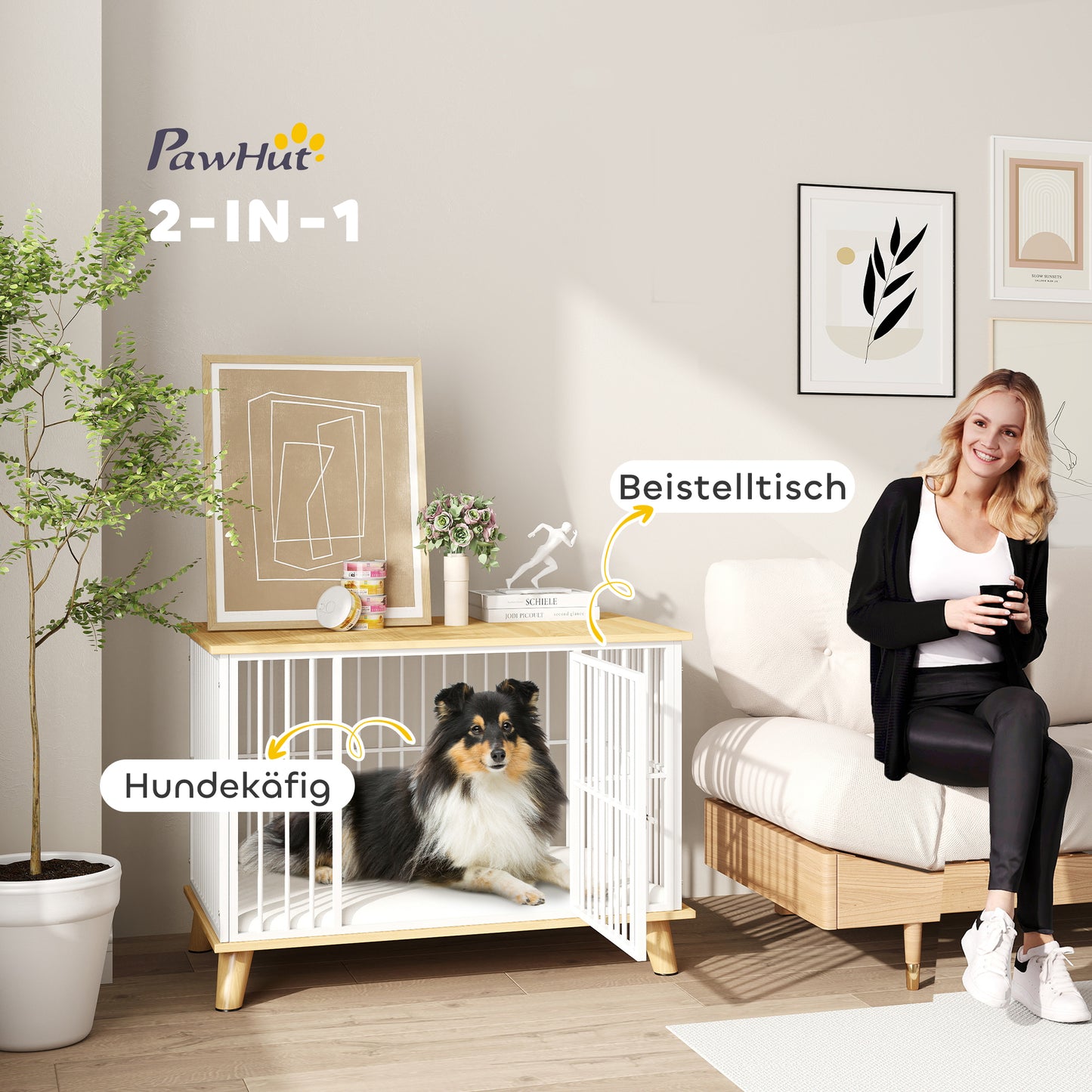 Hondenbench – Hondenkooi – Hondenmand – Hondenhuis – Reishondenbench – Vergrendelbare Deur – Uitneembaar Wasbaar Kussen – Stijlvol Wit Eiken – Staal Houtcomposiet – 86x60x70 cm – Goede Ventilatie