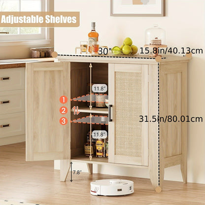 Dressoir – Buffetkast – Sideboard – Opbergkast – Kast – Rattan En MDF – Verstelbare Plank – 76x40x80 cm – Natuurlijke Houtkleur
