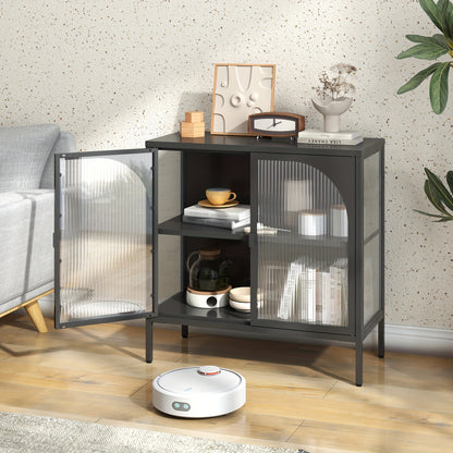 Living Room Bedroom Kitchen Metal Sideboard, Accent Storage Cabinet with 2 Glass Doors and Adjustable Shelves for Coffee Bar or Hallway Decor - H80cm×W80cm×D35cm