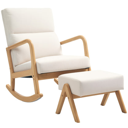 Schommelstoel – Loungestoel – Relaxstoel – Fauteuil – Zitstoel – Met Voetenbank – Bamboe Frame – Comfortabele Katoenen Bekleding – Max. Draagkracht 150 kg – Crème Wit