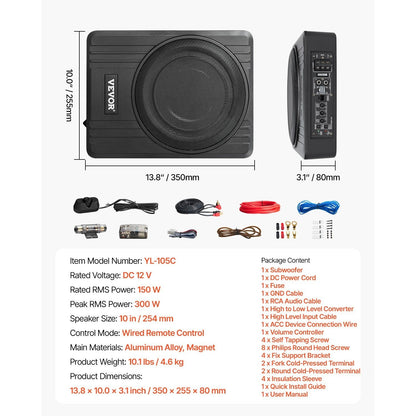 Subwoofer – Autosubwoofer – Actieve Subwoofer – Underseat Subwoofer – Compact Design – 150W RMS Vermogen – Aluminium Behuizing