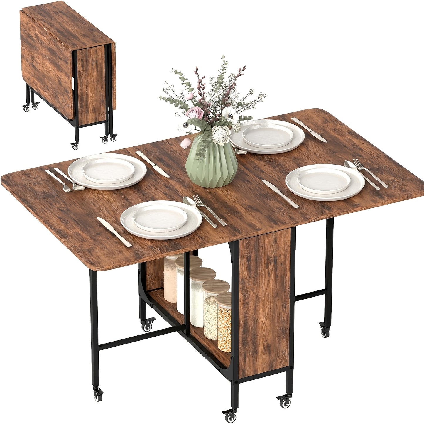 Expandable & Folding Table for 6 People with 2 Open Shelves - Portable Space-Saving Dining Table Suitable for Small Homes, Kitchens, Apartments - Heavy-Duty Wood Retro Brown/Black, Expandable Assembly