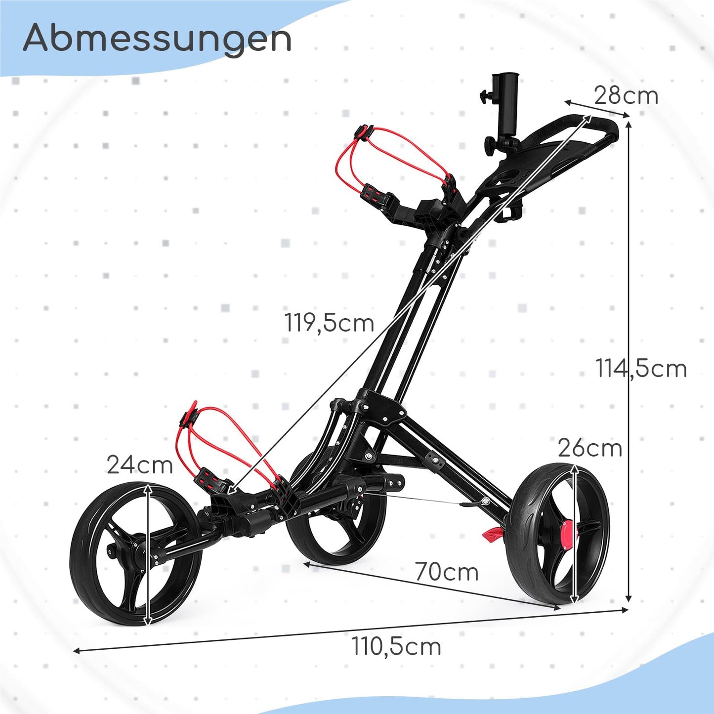 Golftrolley – Golfkar – Golfwagen – Golfcaddy – 3-Wiel Trolley – Aluminium – Inklapbaar met Parapluhouder & T-Stukhouder – Zwart