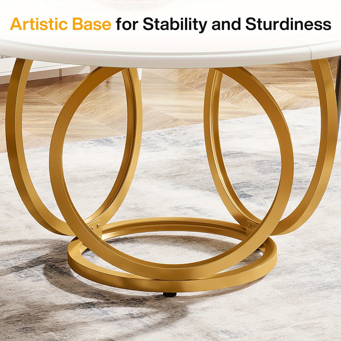 Eettafel – Dinertafel – Keukentafel – Salontafel – Rond – Extra Groot 119 cm – Wit Gelakt Spaanplaat – Gouden Metalen Onderstel – Ruimtebesparend & Modern Design