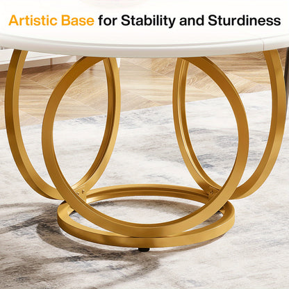 Eettafel – Dinertafel – Keukentafel – Salontafel – Rond – Extra Groot 119 cm – Wit Gelakt Spaanplaat – Gouden Metalen Onderstel – Ruimtebesparend & Modern Design