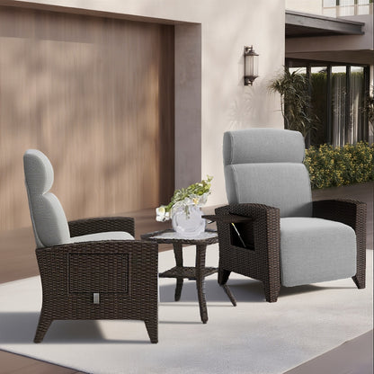 2pcs Brown PE Rattan Sofa Set with Coffee Table & Dust Cover - All-Weather Outdoor Furniture, 160° Flat Recline & Extendable Footrest, Cushioned Comfort, UV-Resistant Wicker Patio Lounge Set for Balcony, Garden, Poolside - E