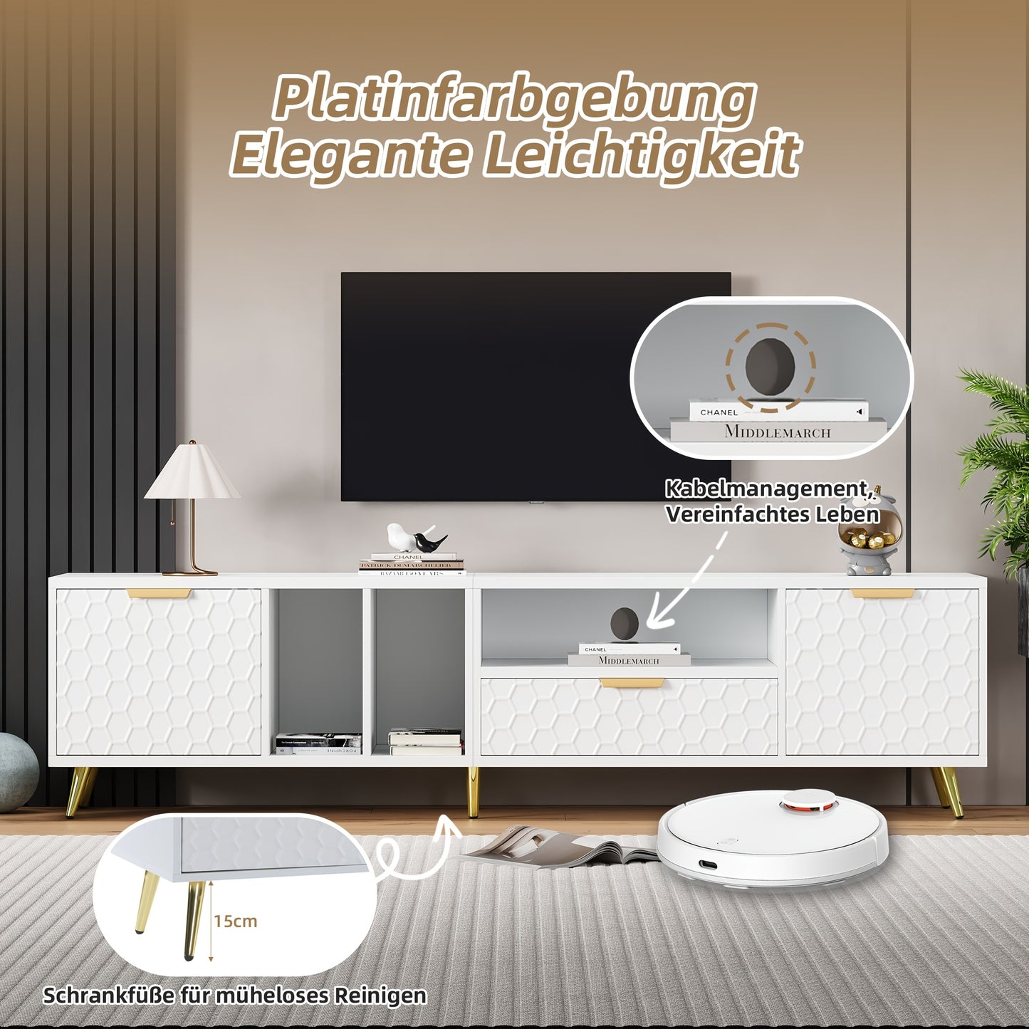 Tv-kast – TV Meubel – Media Kast – Entertainment Meubel – Luxe Verticale Kast – Geschikt voor TV’s tot 80 inch – Mat Wit Met Honeycomb Design