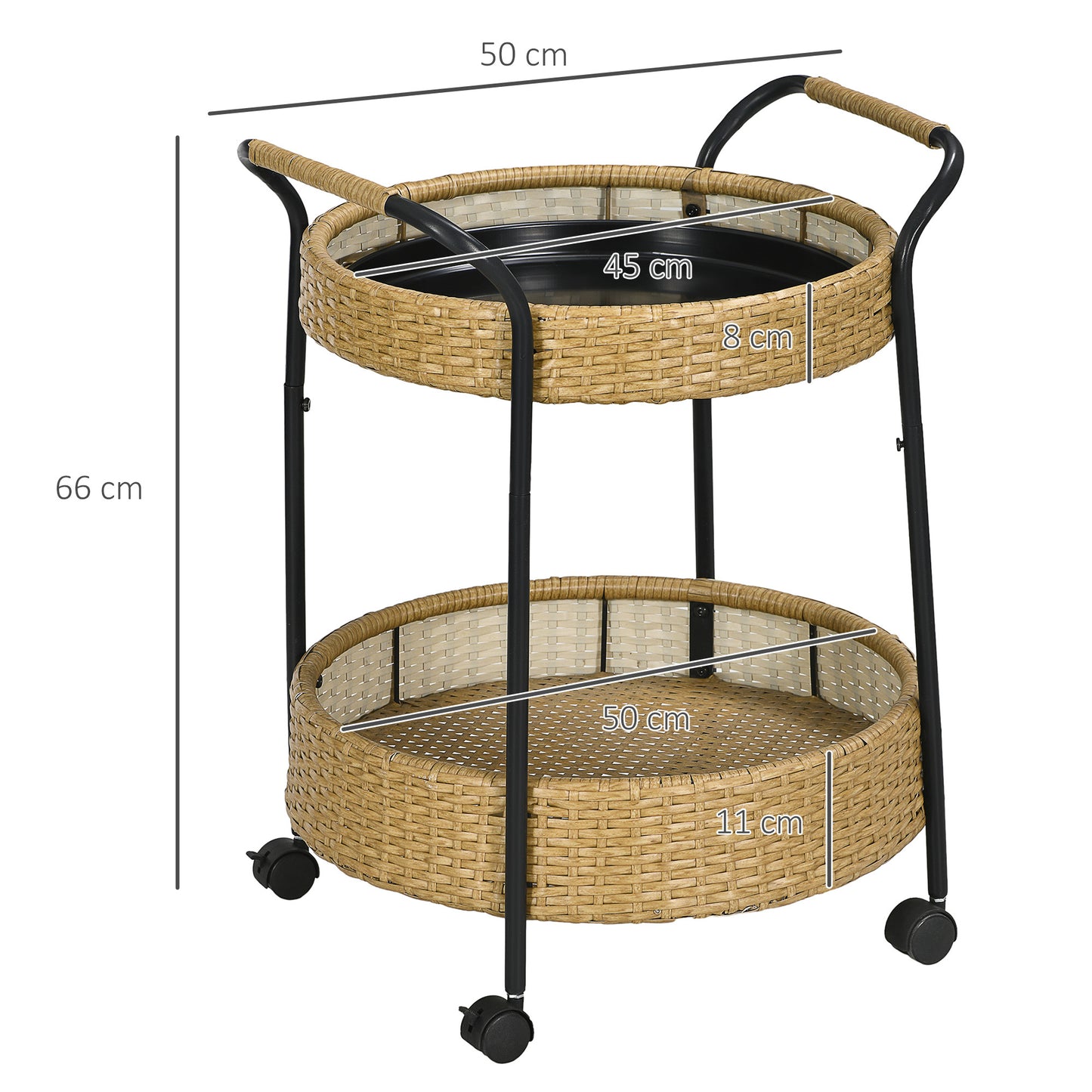 Serveerwagen – Trolley – Bakkerskar – Barwagen – Buitenwagen – Geel – 2 Lagen Met Remmen – Weerbestendig Poly Rattan & Metalen Frame – Φ50 x 66 cm