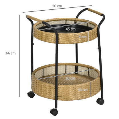 Serveertrolley – Serveerwagen – Barwagen – Trolley – Geel – 2-laags met wieltjes en remmen – Weerbestendig poly rattan met metalen frame