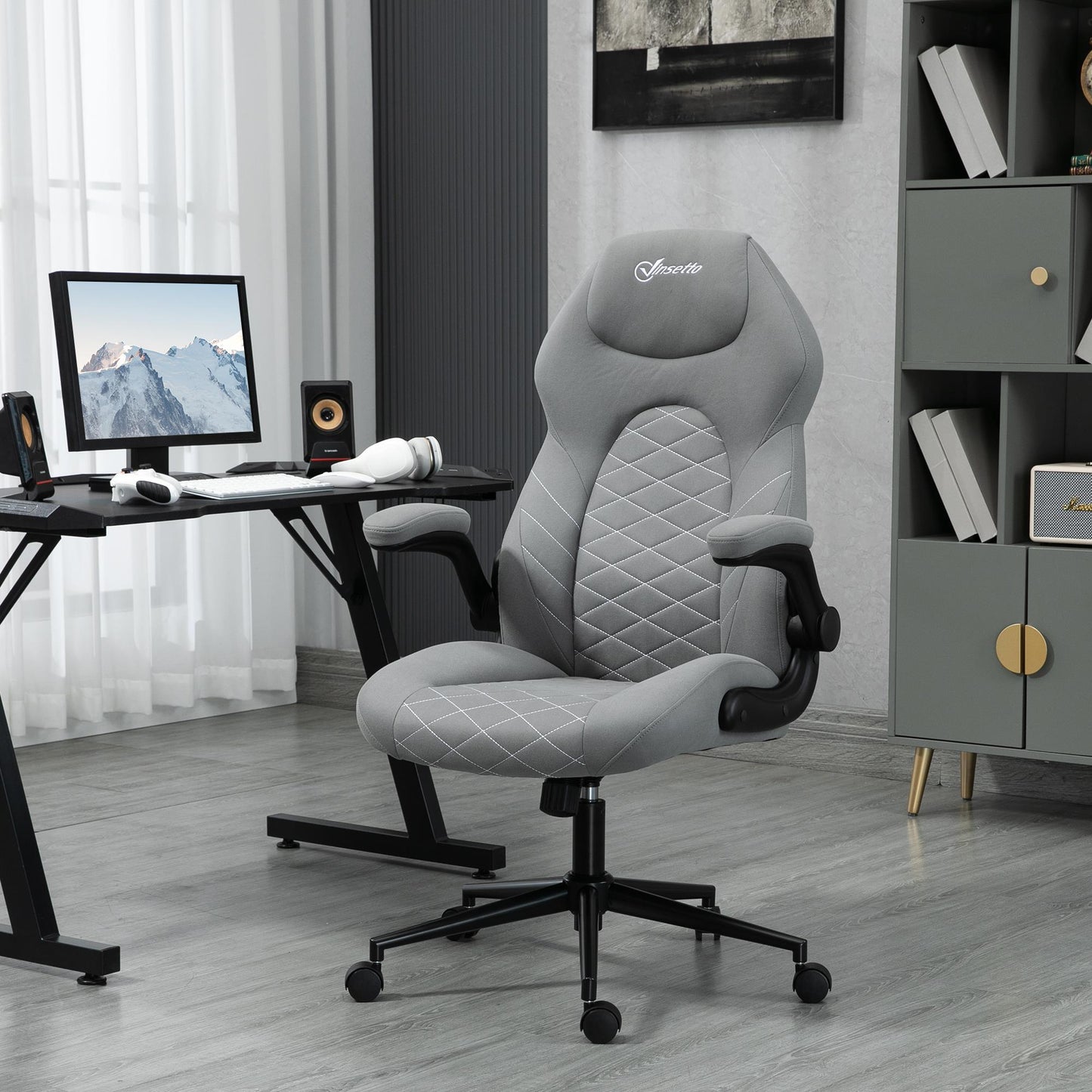 Ergonomische Bureaustoel – Kantoorstoel – Werkstoel – Studiebureaustoel – Thuiswerkstoel – Verstelbare Armleuningen – Schommelfunctie – Lichtgrijs Polyester