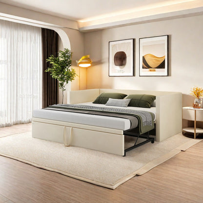 Uitschuifbare Bedbank – Slaapbank – Bedbank – Slaapbank Met Bed – Grijze Velvet Bekleding – 90/180x200 cm – Slim Uitschuifsysteem – Comfortabele Houten Lattenbodem