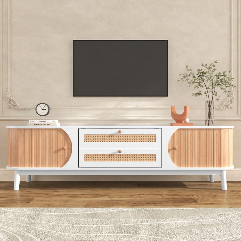 Wood Blend TV Meubel – TV Kast – TV Stand – Entertainment Unit – TV Dressoir – Rattan Zijkanten – Natuurlijke Landelijke Stijl – Met Deuren En Lades