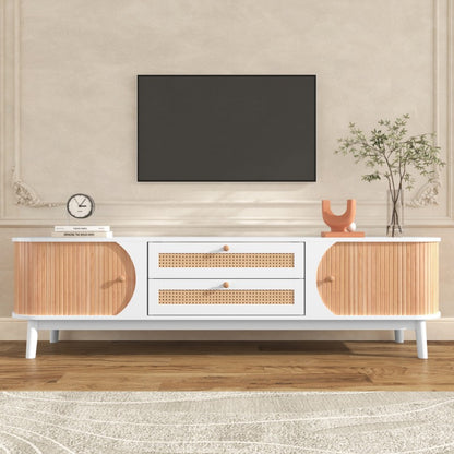 Wood Blend TV Meubel – TV Kast – TV Stand – Entertainment Unit – TV Dressoir – Rattan Zijkanten – Natuurlijke Landelijke Stijl – Met Deuren En Lades