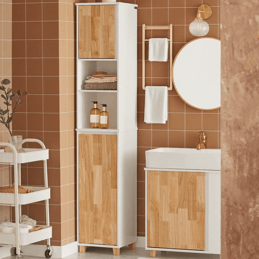 badkamerkast – kolomkast – opbergkast – hoge kast – wastafelonderkast – smal design – vochtbestendig MDF – inklapbare wasmand met uitneembare tas – 31x170x32 cm – wit/naturel