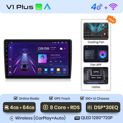 Multimedia Autoradio – 2 Din Radio – GPS Navigatie – Touchscreen Speler – Android Auto – 4G Connectiviteit – 9 Inch Scherm – Draadloos CarPlay