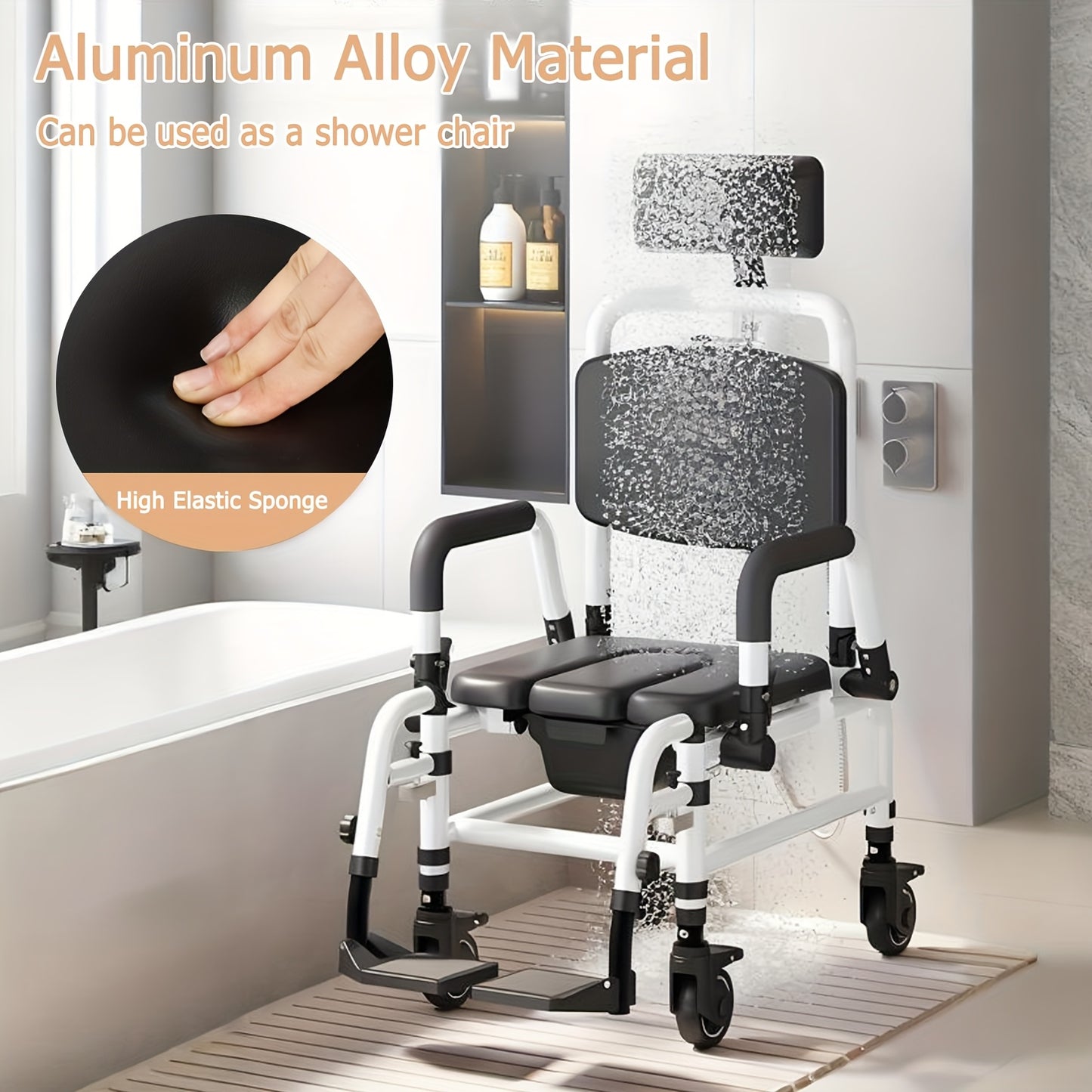 Reclining Shower Chair With Wheels, Mobile Shower Chair With Thickened Soft Seat Cushion, Backrest And Flip-up Armrests, Extra-wide Seat, 90°-140° Adjustable Tilt Bedside Commode Chair, Suitable For The Elderly And Disabled