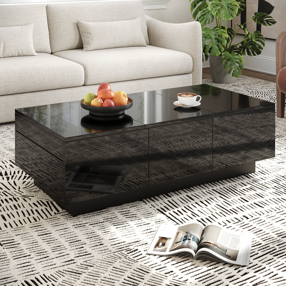 Modern High-Gloss Coffee Table with Sliding Storage & Drawers - Heavy-Duty Metal Frame, Easy-Assembly Rectangular Living Room Table Suitable for Modern & Small Spaces - Contemporary Storage Coffee Table