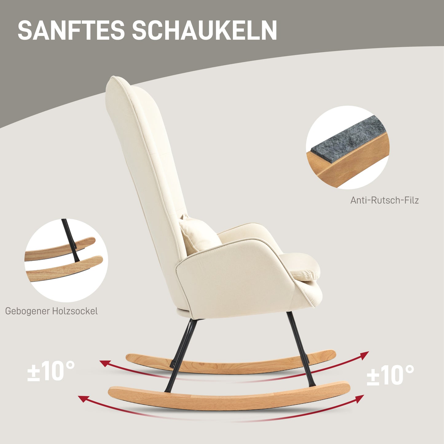 Schommelstoel – Relaxstoel – Schommelzetel – Lounge Chair – Stiltestoel – Crèmewit – Stabiele Houten Poten – Ergonomisch Met Lendenkussen
