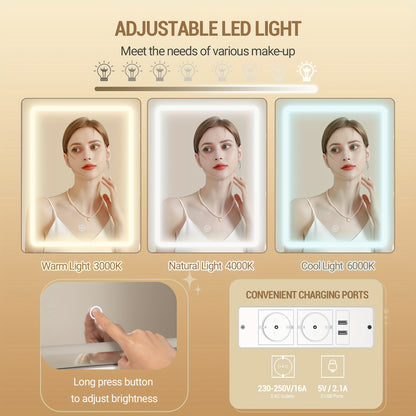 Kaptafel – Make-up tafel – Sieradendoos – Spiegelkast – Opbergmeubel – Wit – Verstelbare LED-verlichting – 2 Stopcontacten & 2 USB-poorten