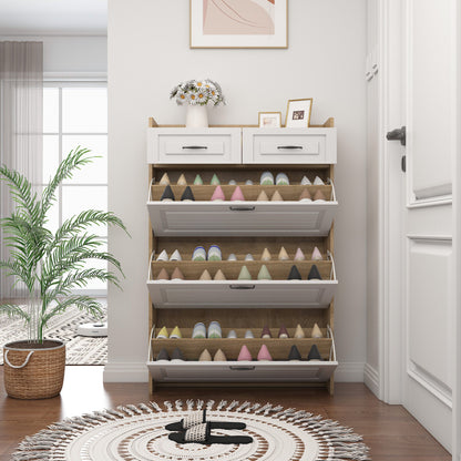 Wooden Shoe Cabinet with Rotating Rack | Features Three Large Hinged Doors and Two Drawers, Suitable for Entryways and Living Rooms, Dimensions: 80 cm Wide/23.5 cm Deep/131 cm High
