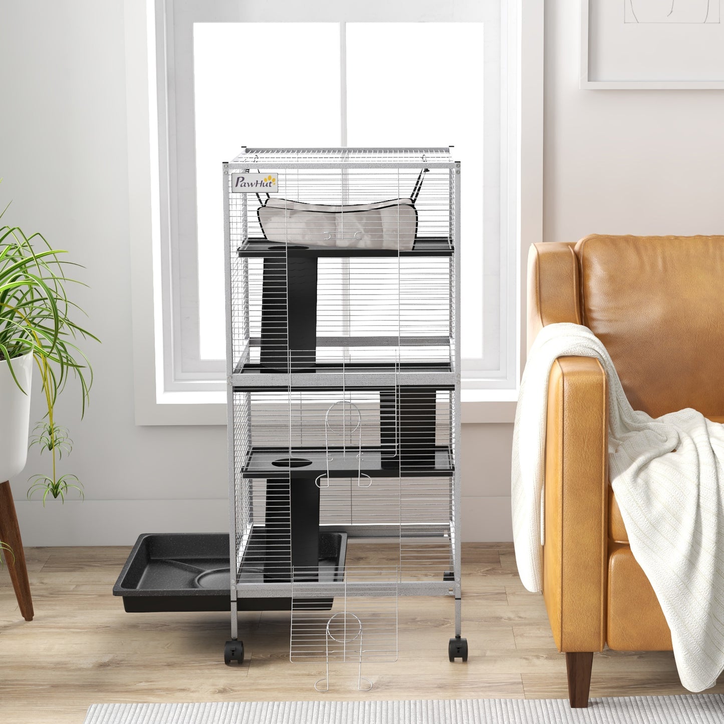 Dierenkooi – Knaagdierkooi – Chinchillakooi – Frettenkooi – Kleine Dieren Kooi – Met 4 Wielen En 2 Deuren – 3 Ramps En Hangmat – Wit – Metaal – 52x52x113,5 cm