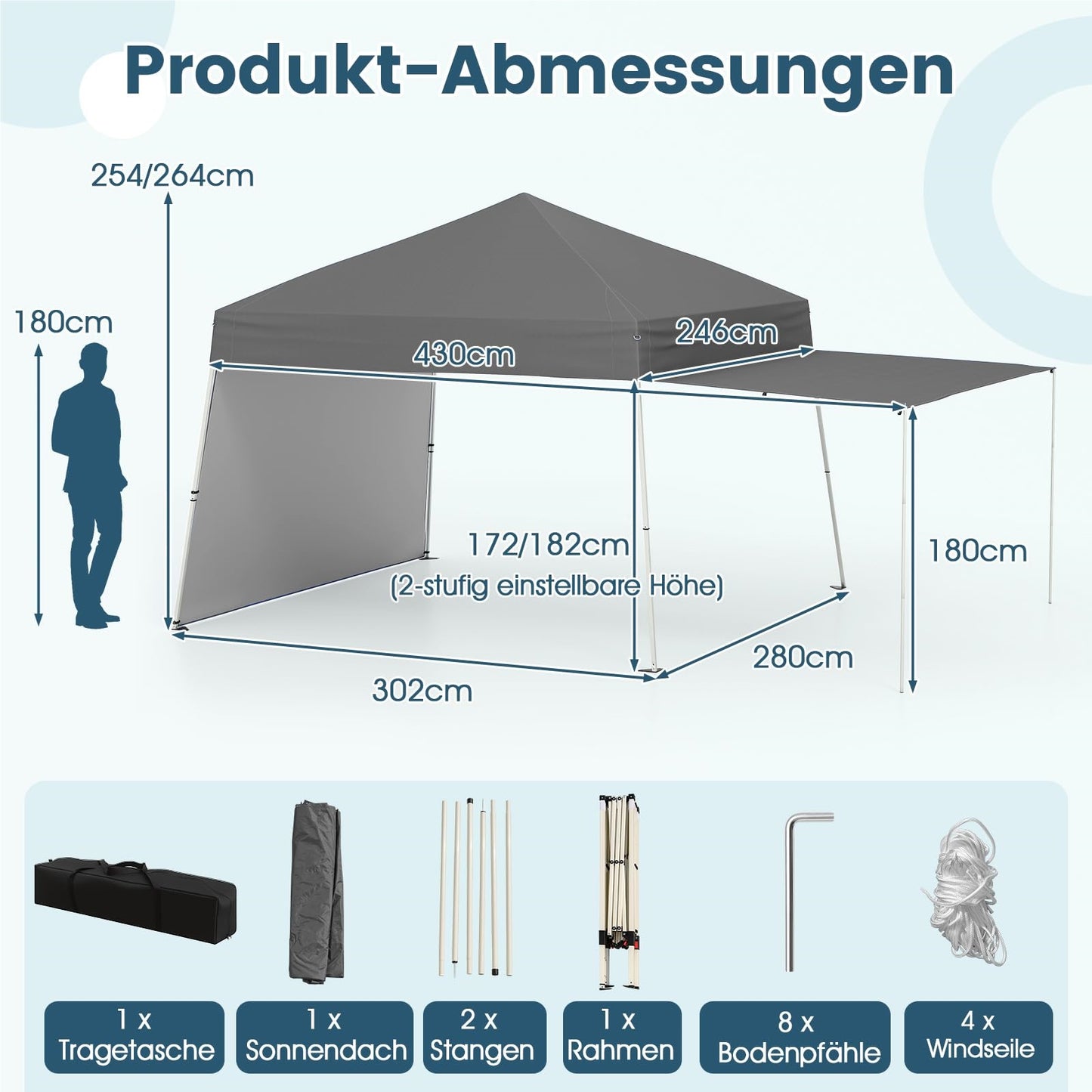 Pop-Up Paviljoen – Tuin Overkapping – Partytent – Vouwtent – Buitentent – UV Bescherming 50+ – Verstelbare Hoogte 3x4m Grijs