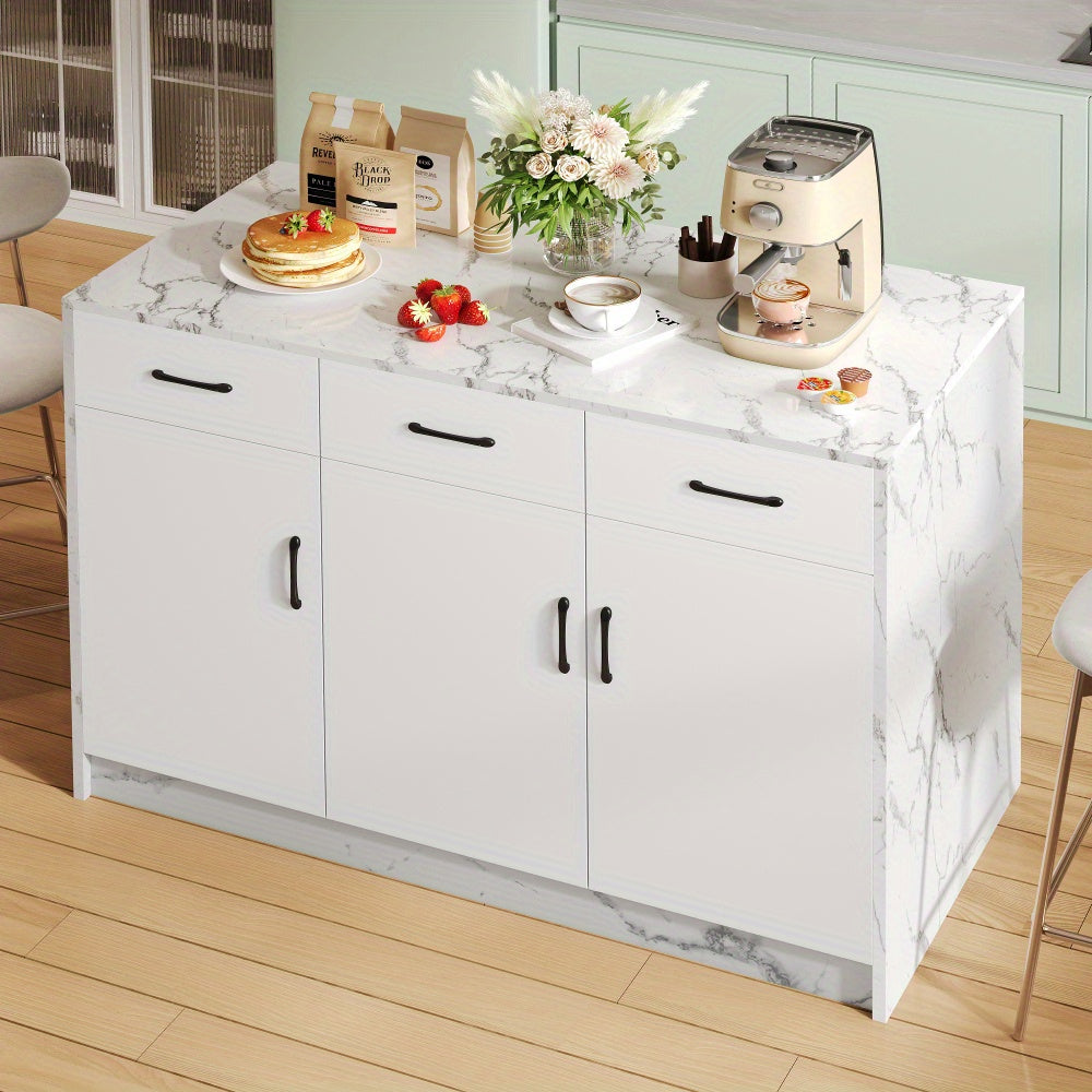 Large White Marble Kitchen Island with 3 Drawers & 3 Doors, Adjustable Shelves & Silent Closing Mechanism - Heavy-Duty Metal Construction, Marble Countertop, Bar Height Design, 120x60x90.5cm - Modern Floor-Standing Storage Ca