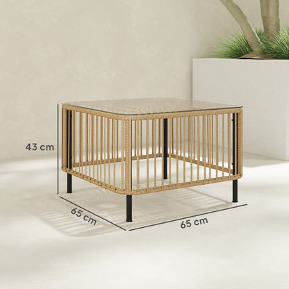 Buitenbijzettafel – Tuinmeubel – Bijzettafel – Loungtafel – Side table – Weerbestendig PE-rattan – Gehard glas blad 65x65x43 cm Natural Wood