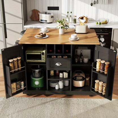 Kitchen Island – Sideboard – Buffetwagen – Keukentrolley – Serveerwagen – Zwart – Met Wijnrek – 4 Zwenkwieltjes