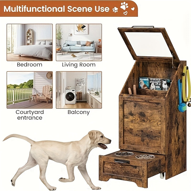 Large Capacity Dog & Cat Food Storage Cabinet with 2 Removable Stainless Steel Bowls & Tempered Glass - Hidden Spill-Proof Design, Multi-Functional Pet Feeding Station Organizer for Living Room, Bedroom, Food Storage Organize