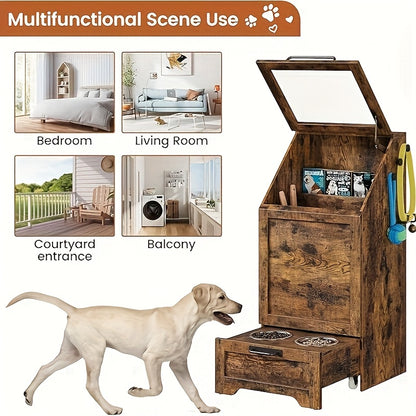 Large Capacity Dog & Cat Food Storage Cabinet with 2 Removable Stainless Steel Bowls & Tempered Glass - Hidden Spill-Proof Design, Multi-Functional Pet Feeding Station Organizer for Living Room, Bedroom, Food Storage Organize