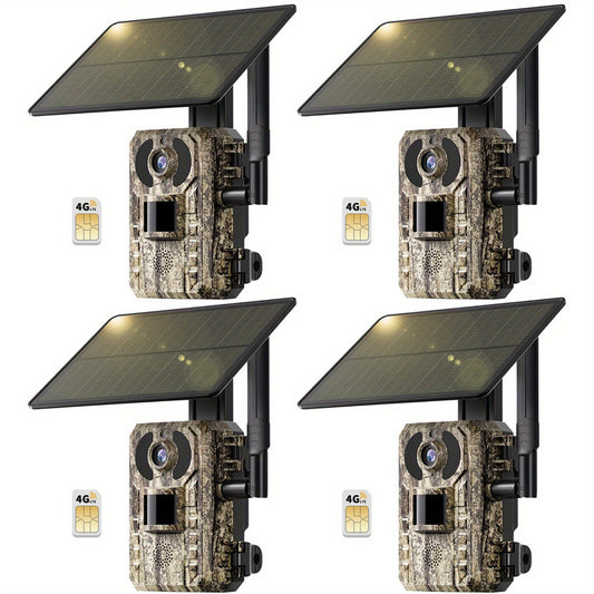 Draadloze 4G Wildcamera – Jachtcamera – Natuurcamera – Bewegingscamera – Beveiligingscamera – 2K HD Resolutie – Zonnepaneel - set van 4 Stuks