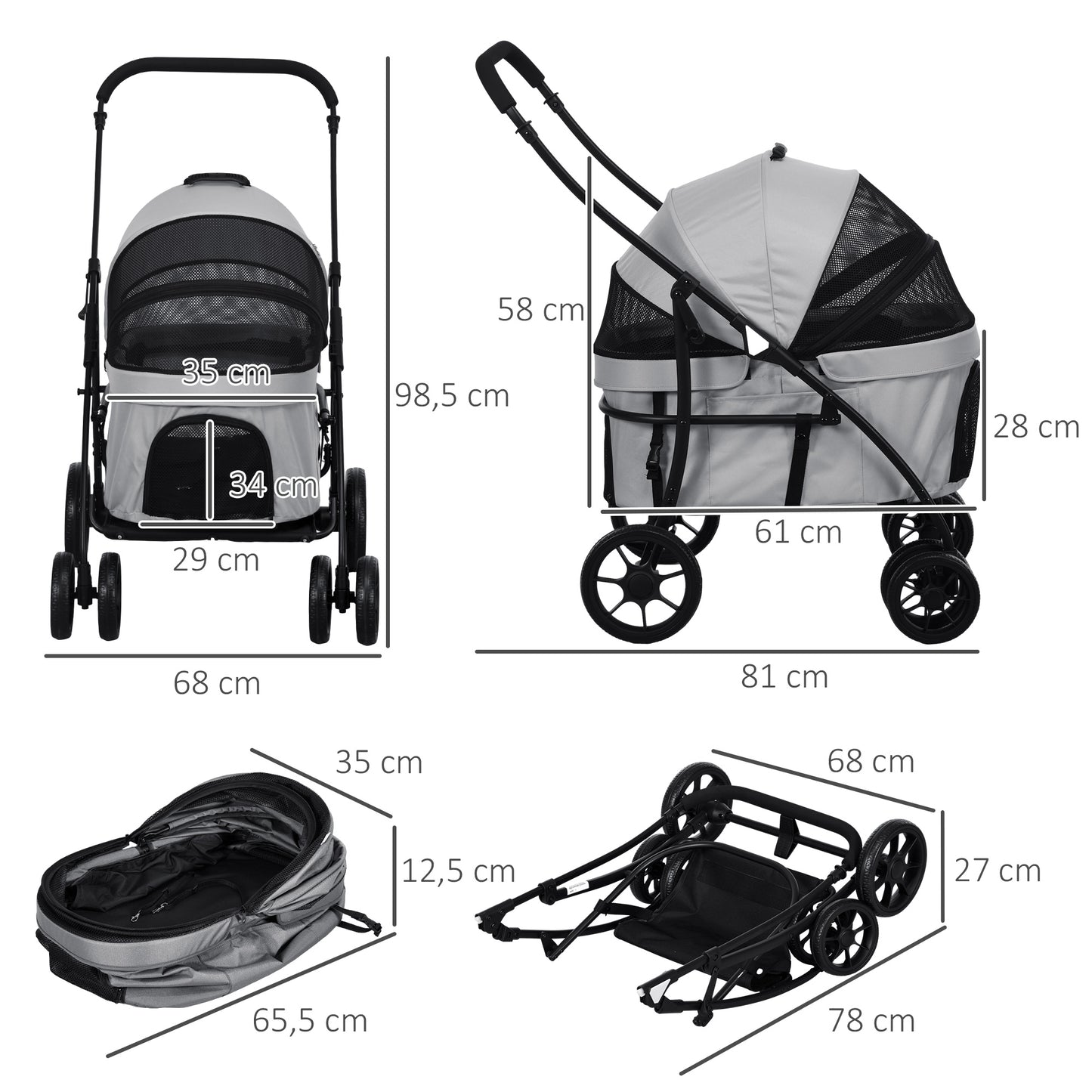 Wandelwagen Huisdier – Dierenwagen – Hondenwagen – Kattenwagen – Draagmand – 2-in-1 Ontwerp – Stevig Stalen Frame – Lichtgewicht 600D Oxford Grijs