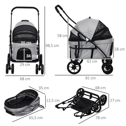 Wandelwagen Huisdier – Dierenwagen – Hondenwagen – Kattenwagen – Draagmand – 2-in-1 Ontwerp – Stevig Stalen Frame – Lichtgewicht 600D Oxford Grijs