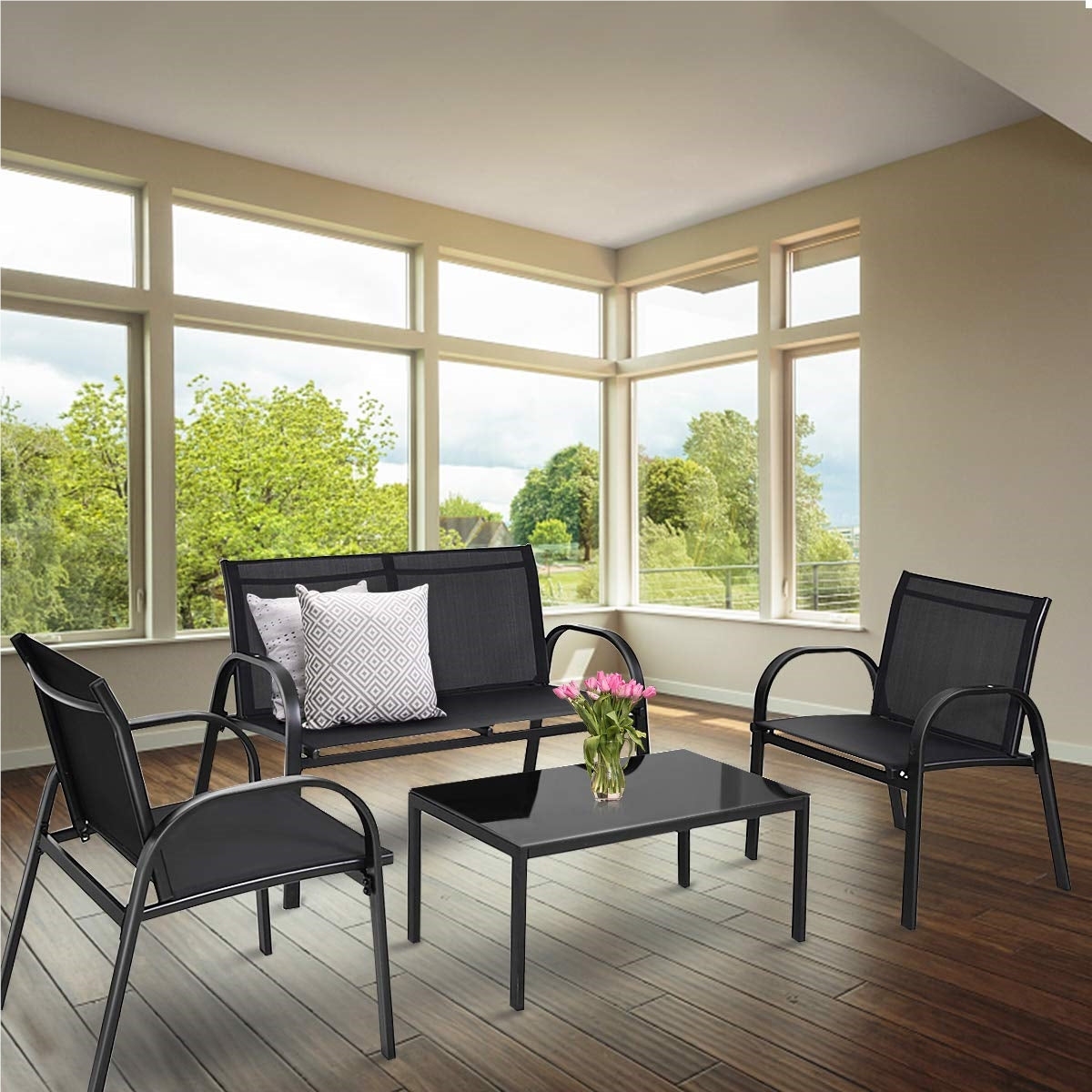 Tuinset 4-delig – Tuinmeubelset – Loungeset – Balkonset – Terrasmeubels – Zwart – Gehard Glas Tafelblad – Comfortabele Mesh Stoelen