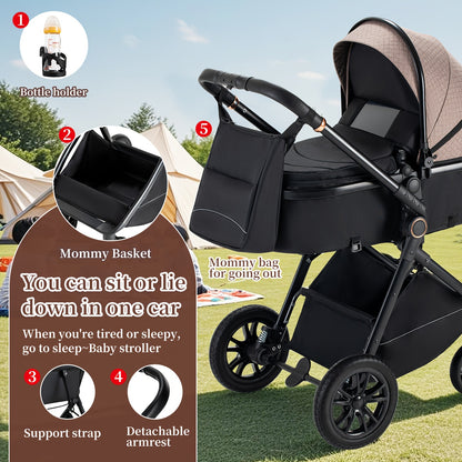3-in-1 Kinderwagen – Buggy – Combi Kinderwagen – Babybedje – Wandelwagen – Lichtgewicht Aluminium Frame – Eénhandige Vouwfunctie – Roze