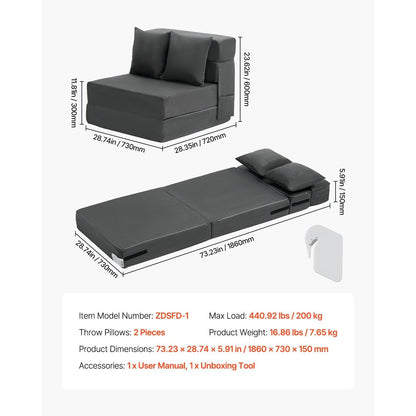 Bedbank – Klapbank – Slaapbank – Slaapstoel – 3-in-1 Multifunctioneel – Donkergrijs – Hoogwaardig Veerkrachtig Schuim – Afneembare Wasbare Hoes
