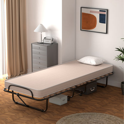 Vouwbed – Opklapbed – Logeerbed – Campingbed – Trolleybed – 80x190cm – Stalen Frame Zwart – 360° Wielen – 199,58KG Draagvermogen – Inclusief Beige Matras