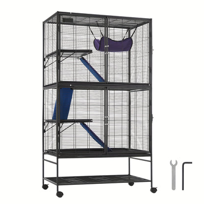 Dierkooi – Kleine Dieren Kooi – Fret Kooi – Knaagdierkooi – Frettenkooi – 4 Laags Met Verwijderbare Onderbak – Metalen Mesh Met Wieltjes