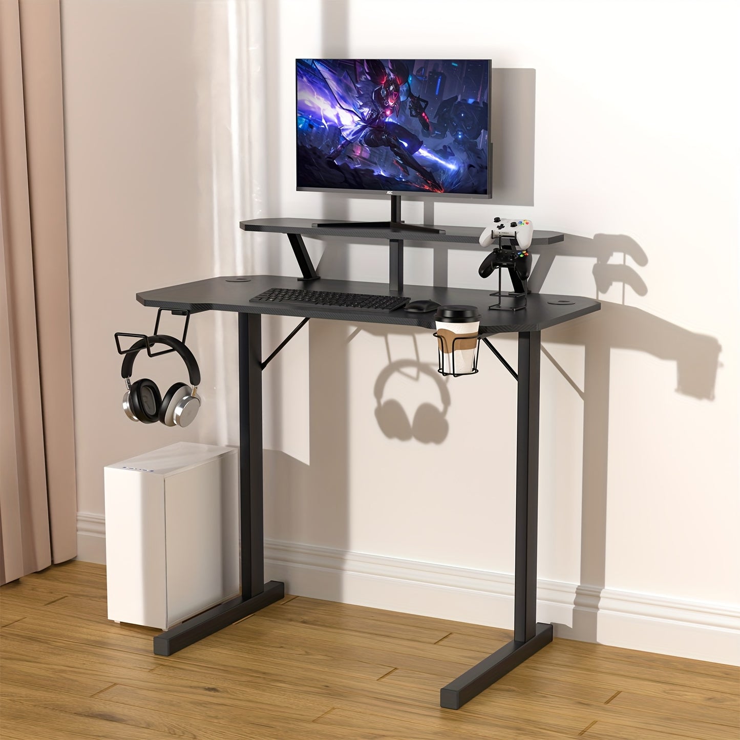Professional Gaming Table with 80cm Display Stand, 100 x 55 x 74cm, Extra Large Modern Ergonomic Black PC Carbon Fiber Desktop Gaming Workstation with Cup Holder and Headphone Hook