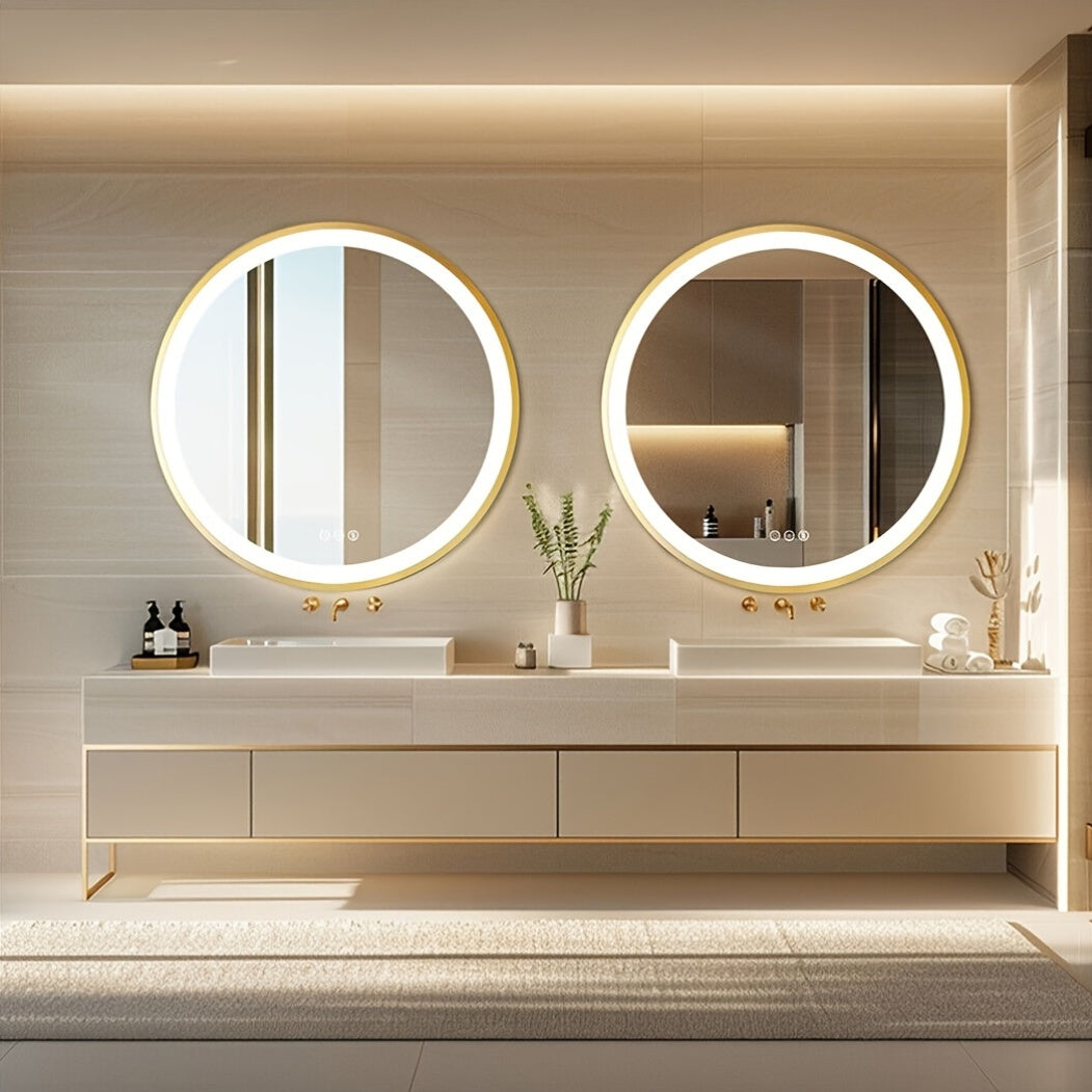 LED Spiegel Badkamer – Make-up Spiegel – Wandspiegel – Verlichte Spiegel – Ronde Spiegel 60x60 cm – Goud Geborsteld Aluminium Frame – Anti Condens Met 3-Kleurige Dimbare LED Verlichting