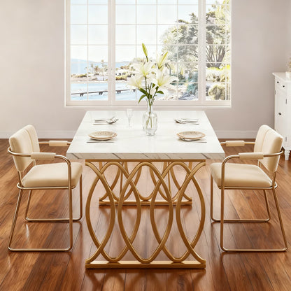 Eettafel – Tafel – Keukentafel – Dinertafel – Tafeltje – Rechthoekig – Wit Faux Marmeren Blad – Gouden Geometrische Poten – 160x80 cm – Geschikt voor 4-6 Personen