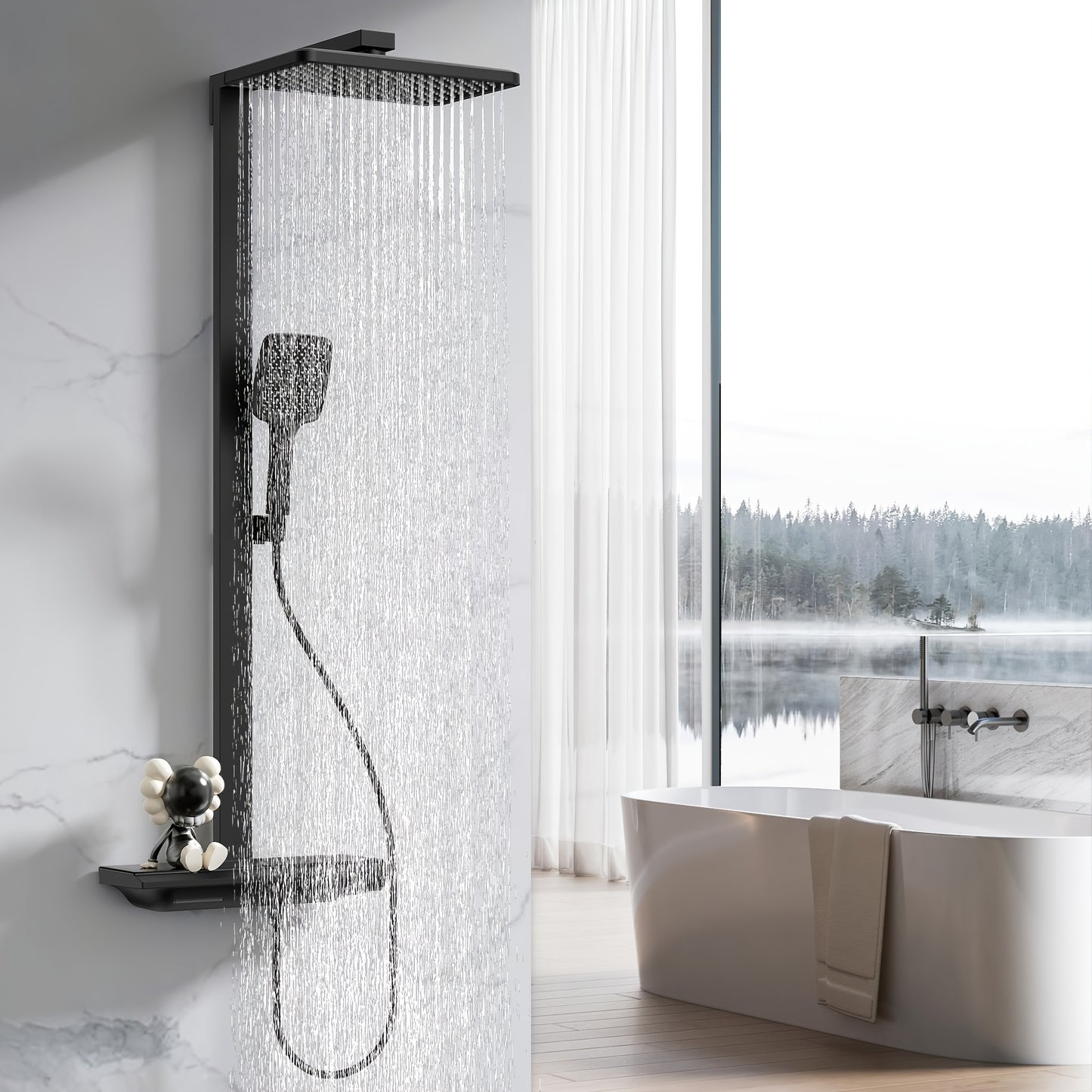 Douchekraan – Doucheset – Douchemengkraan – Thermostaatkraan – Handdouche – Matte Zwarte Afwerking – Thermostaat Met Glazen Plank – 3 Spraystanden Handdouche
